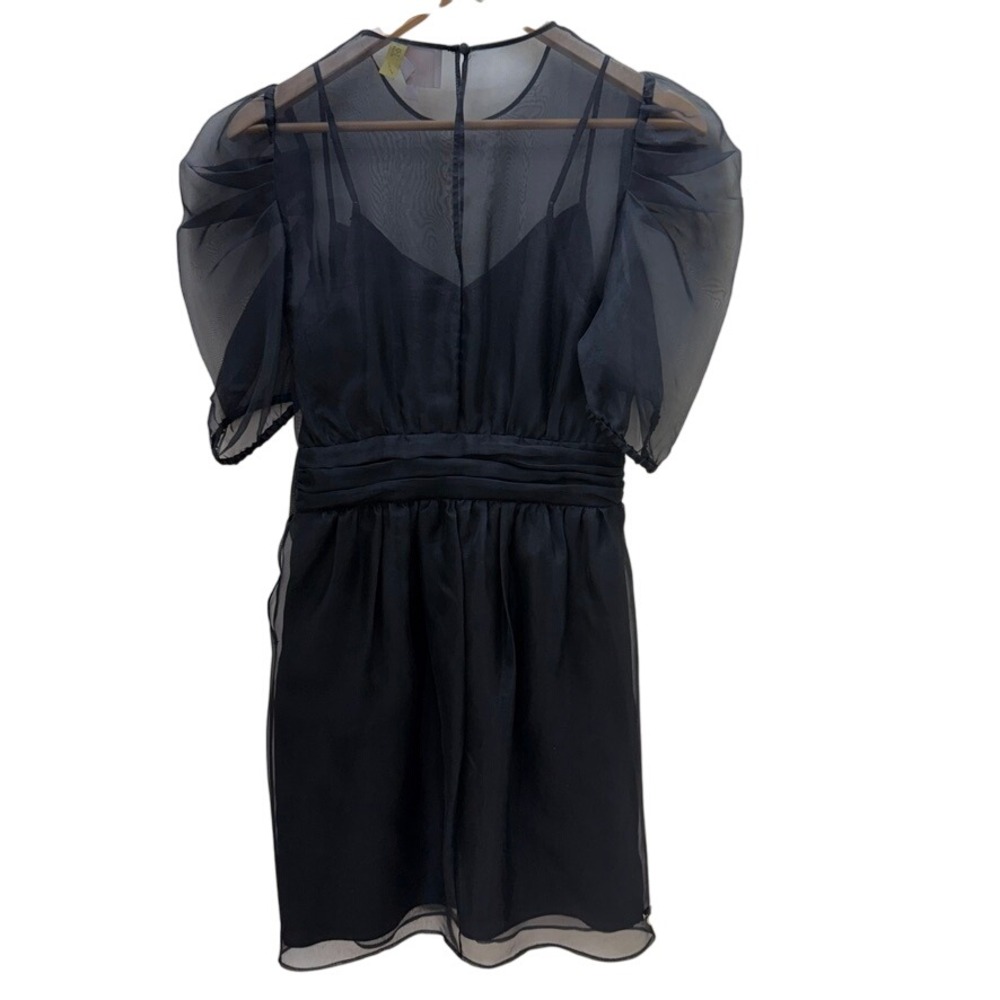 Cinq a Sept Dress Black Organza Sheer Puff Sleeve Party Cocktail Mini Bow Sz 2 - Picture 2 of 12